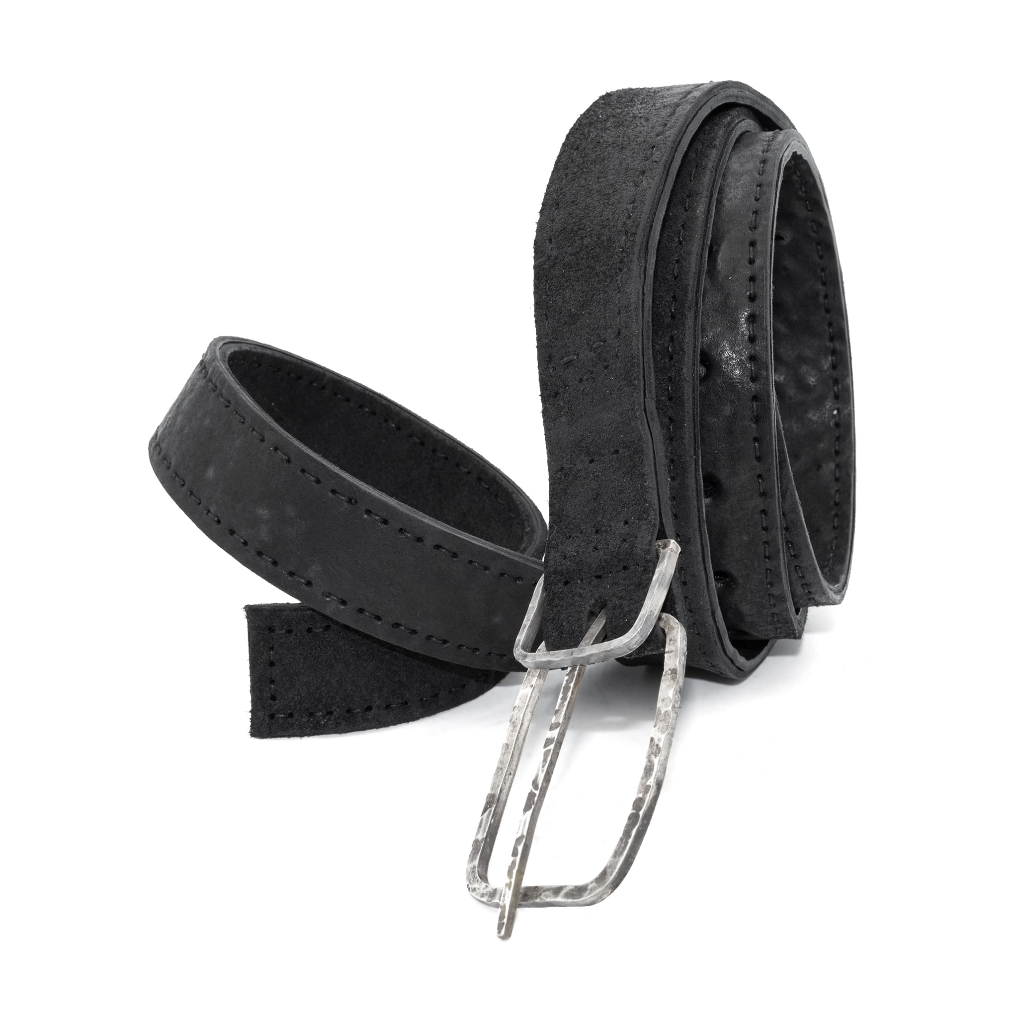 a double layered object dyed matte black full grain reverse horse culatta leather belt with a hand forged oxidised .925 sterling silver buckle for men and women. expertly hand sewn by independent UK based artisanal designer atelier SKN.
