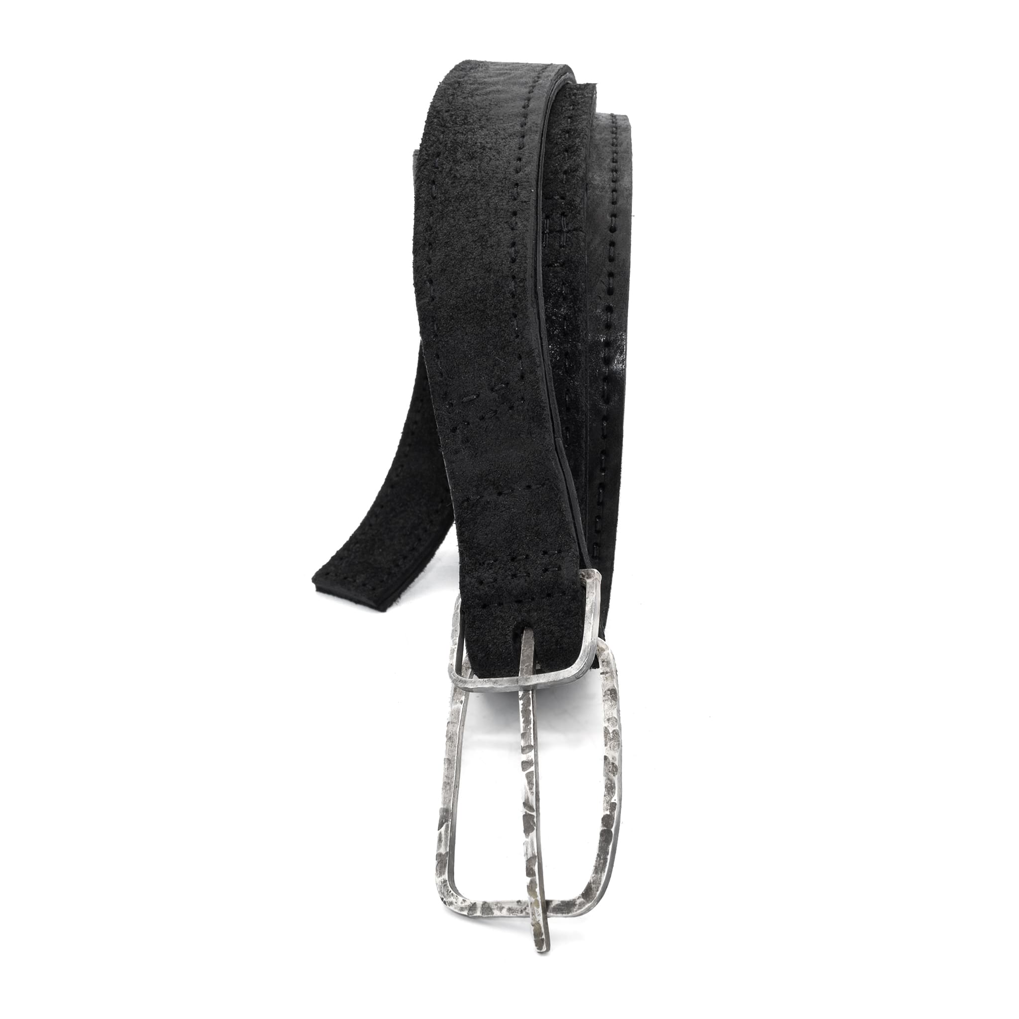 a double layered object dyed matte black full grain reverse horse culatta leather belt with a hand forged oxidised .925 sterling silver buckle for men and women. expertly hand sewn by independent UK based artisanal designer atelier SKN.