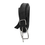 a double layered object dyed matte black full grain reverse horse culatta leather belt with a hand forged oxidised .925 sterling silver buckle for men and women. expertly hand sewn by independent UK based artisanal designer atelier SKN.