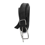 a double layered object dyed matte black full grain reverse horse culatta leather belt with a hand forged oxidised .925 sterling silver buckle for men and women. expertly hand sewn by independent UK based artisanal designer atelier SKN.