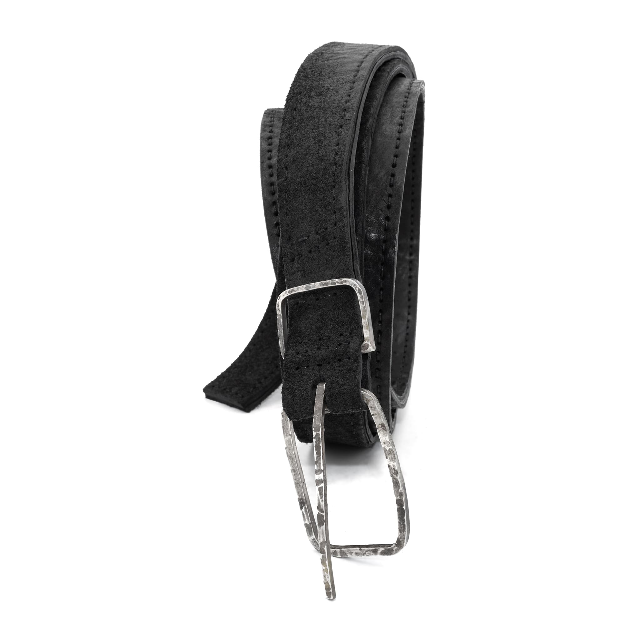 a double layered object dyed matte black full grain reverse horse culatta leather belt with a hand forged oxidised .925 sterling silver buckle for men and women. expertly hand sewn by independent UK based artisanal designer atelier SKN.
