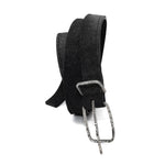 a double layered object dyed matte black full grain reverse horse culatta leather belt with a hand forged oxidised .925 sterling silver buckle for men and women. expertly hand sewn by independent UK based artisanal designer atelier SKN.