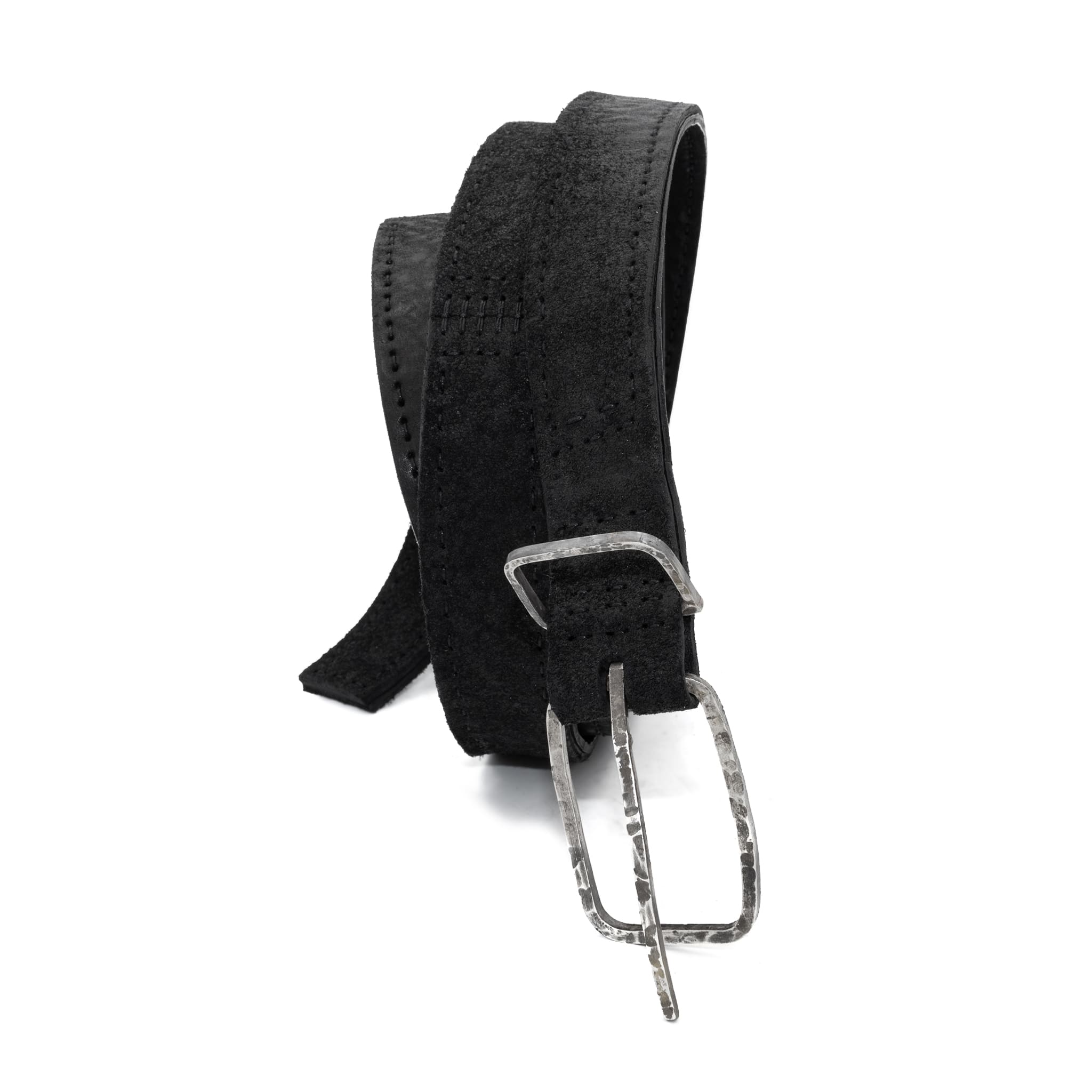 a double layered object dyed matte black full grain reverse horse culatta leather belt with a hand forged oxidised .925 sterling silver buckle for men and women. expertly hand sewn by independent UK based artisanal designer atelier SKN.