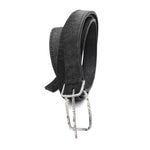 a double layered object dyed matte black full grain reverse horse culatta leather belt with a hand forged oxidised .925 sterling silver buckle for men and women. expertly hand sewn by independent UK based artisanal designer atelier SKN.