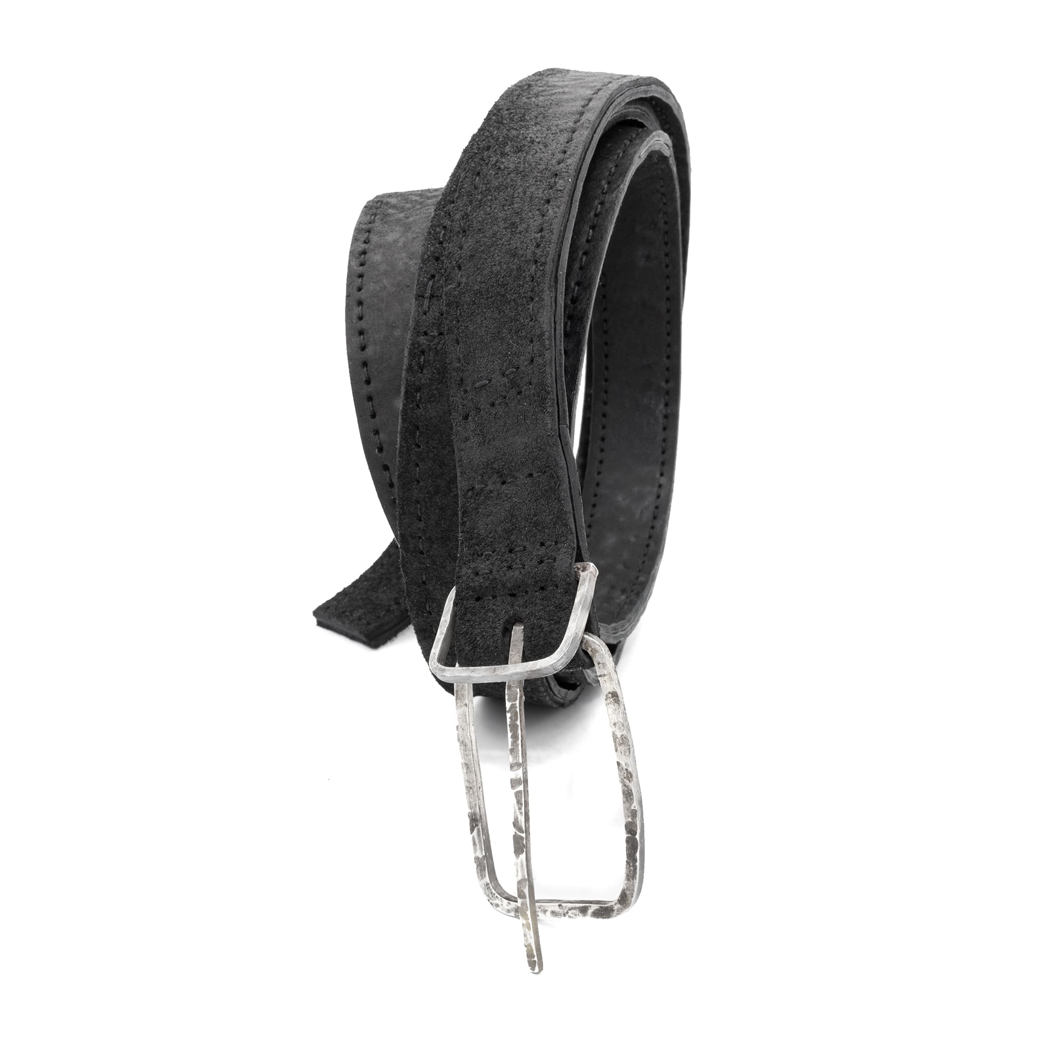 a double layered object dyed matte black full grain reverse horse culatta leather belt with a hand forged oxidised .925 sterling silver buckle for men and women. expertly hand sewn by independent UK based artisanal designer atelier SKN.