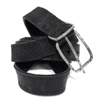 a double layered object dyed matte black full grain reverse horse culatta leather belt with a hand forged oxidised .925 sterling silver buckle for men and women. expertly hand sewn by independent UK based artisanal designer atelier SKN.