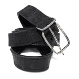 a double layered object dyed matte black full grain reverse horse culatta leather belt with a hand forged oxidised .925 sterling silver buckle for men and women. expertly hand sewn by independent UK based artisanal designer atelier SKN.