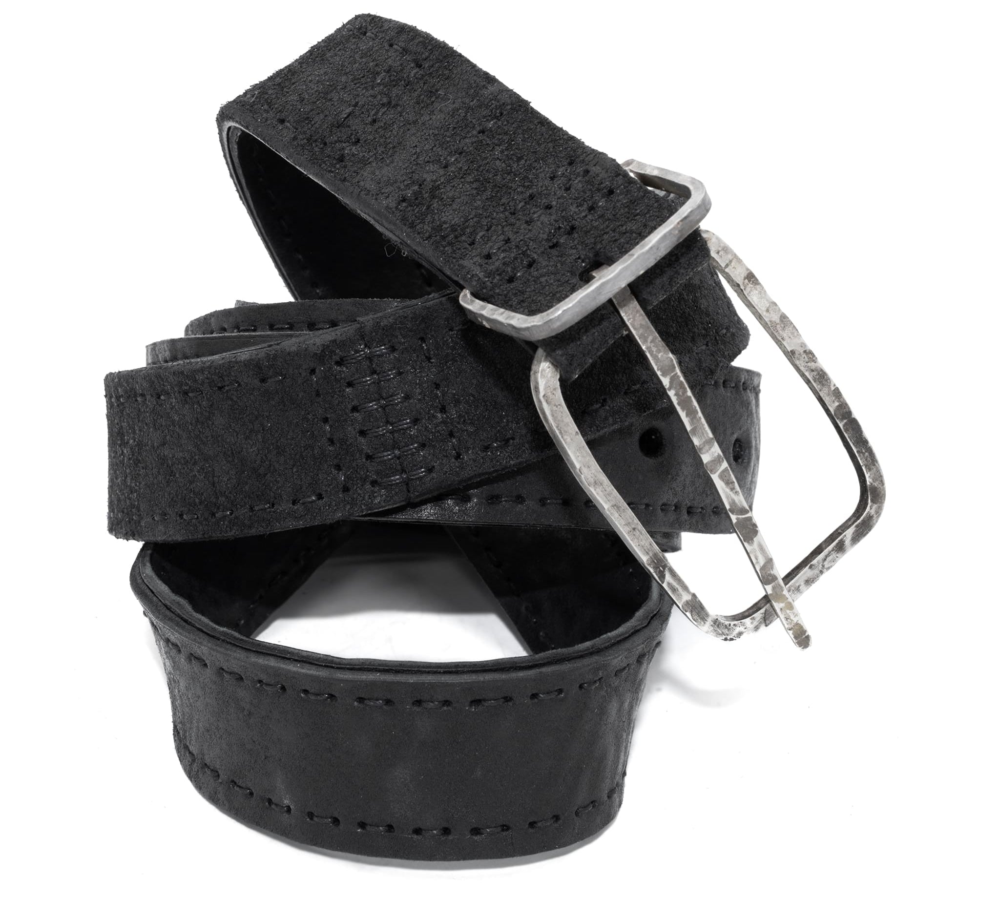 a double layered object dyed matte black full grain reverse horse culatta leather belt with a hand forged oxidised .925 sterling silver buckle for men and women. expertly hand sewn by independent UK based artisanal designer atelier SKN.
