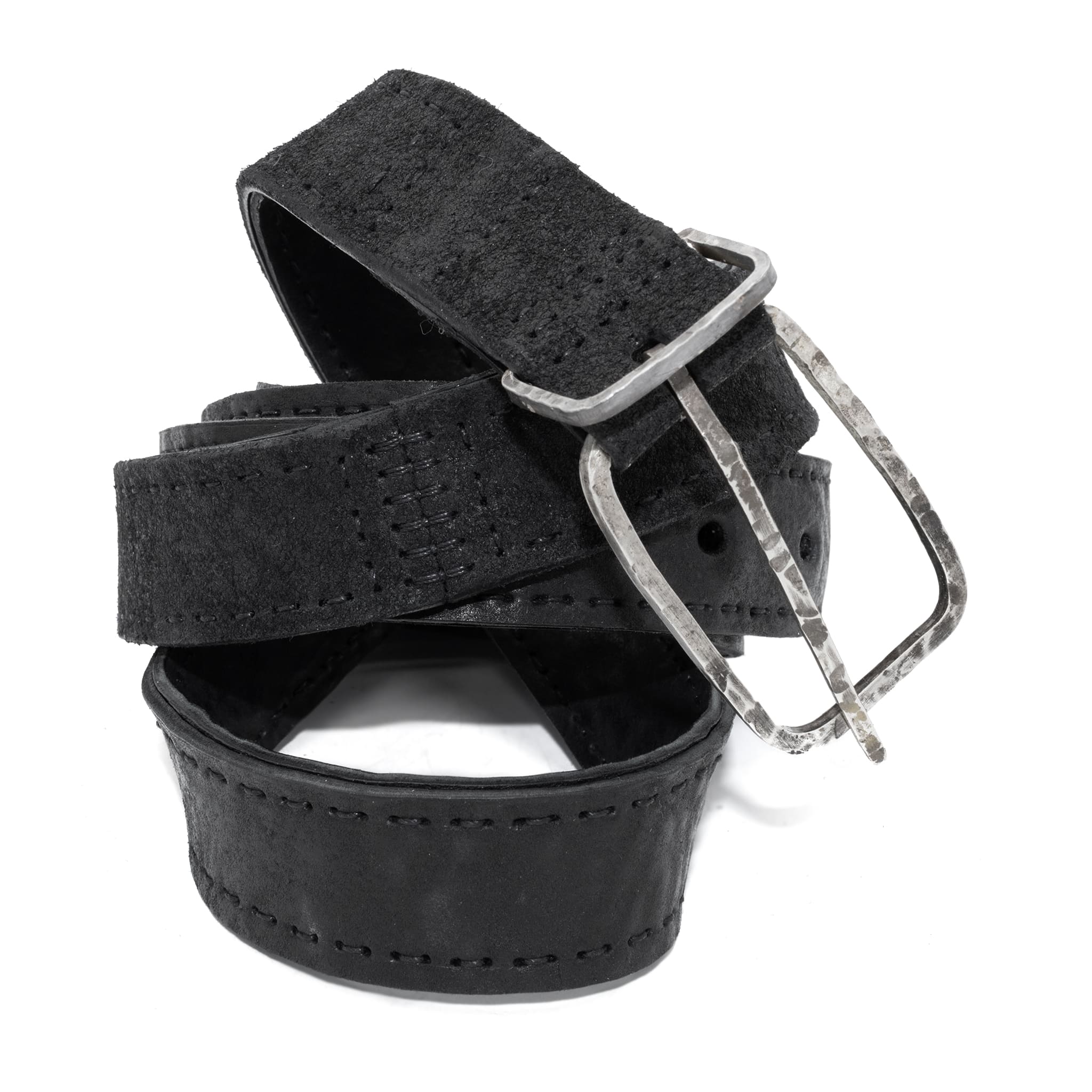 a double layered object dyed matte black full grain reverse horse culatta leather belt with a hand forged oxidised .925 sterling silver buckle for men and women. expertly hand sewn by independent UK based artisanal designer atelier SKN.