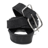 a double layered object dyed matte black full grain reverse horse culatta leather belt with a hand forged oxidised .925 sterling silver buckle for men and women. expertly hand sewn by independent UK based artisanal designer atelier SKN.