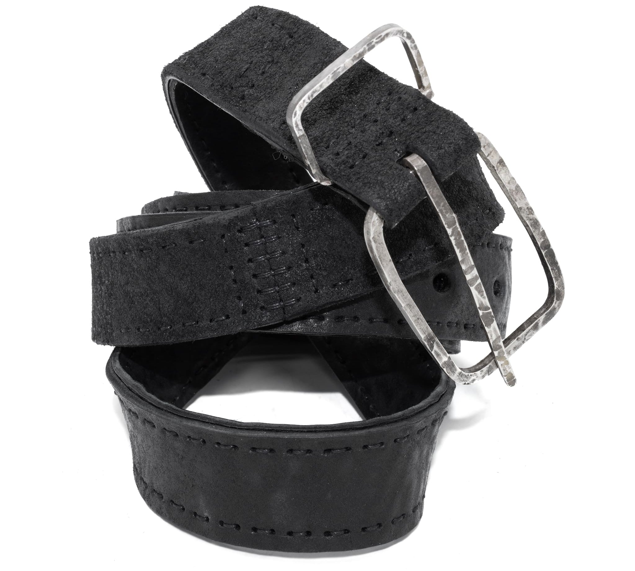 a double layered object dyed matte black full grain reverse horse culatta leather belt with a hand forged oxidised .925 sterling silver buckle for men and women. expertly hand sewn by independent UK based artisanal designer atelier SKN.