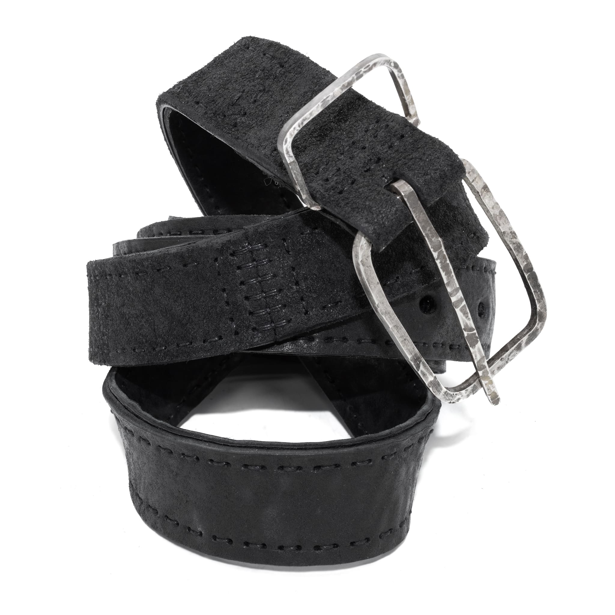 a double layered object dyed matte black full grain reverse horse culatta leather belt with a hand forged oxidised .925 sterling silver buckle for men and women. expertly hand sewn by independent UK based artisanal designer atelier SKN.