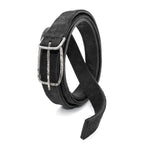 a double layered object dyed matte black full grain reverse horse culatta leather belt with a hand forged oxidised .925 sterling silver buckle for men and women. expertly hand sewn by independent UK based artisanal designer atelier SKN.