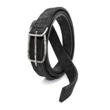 a double layered object dyed matte black full grain reverse horse culatta leather belt with a hand forged oxidised .925 sterling silver buckle for men and women. expertly hand sewn by independent UK based artisanal designer atelier SKN.