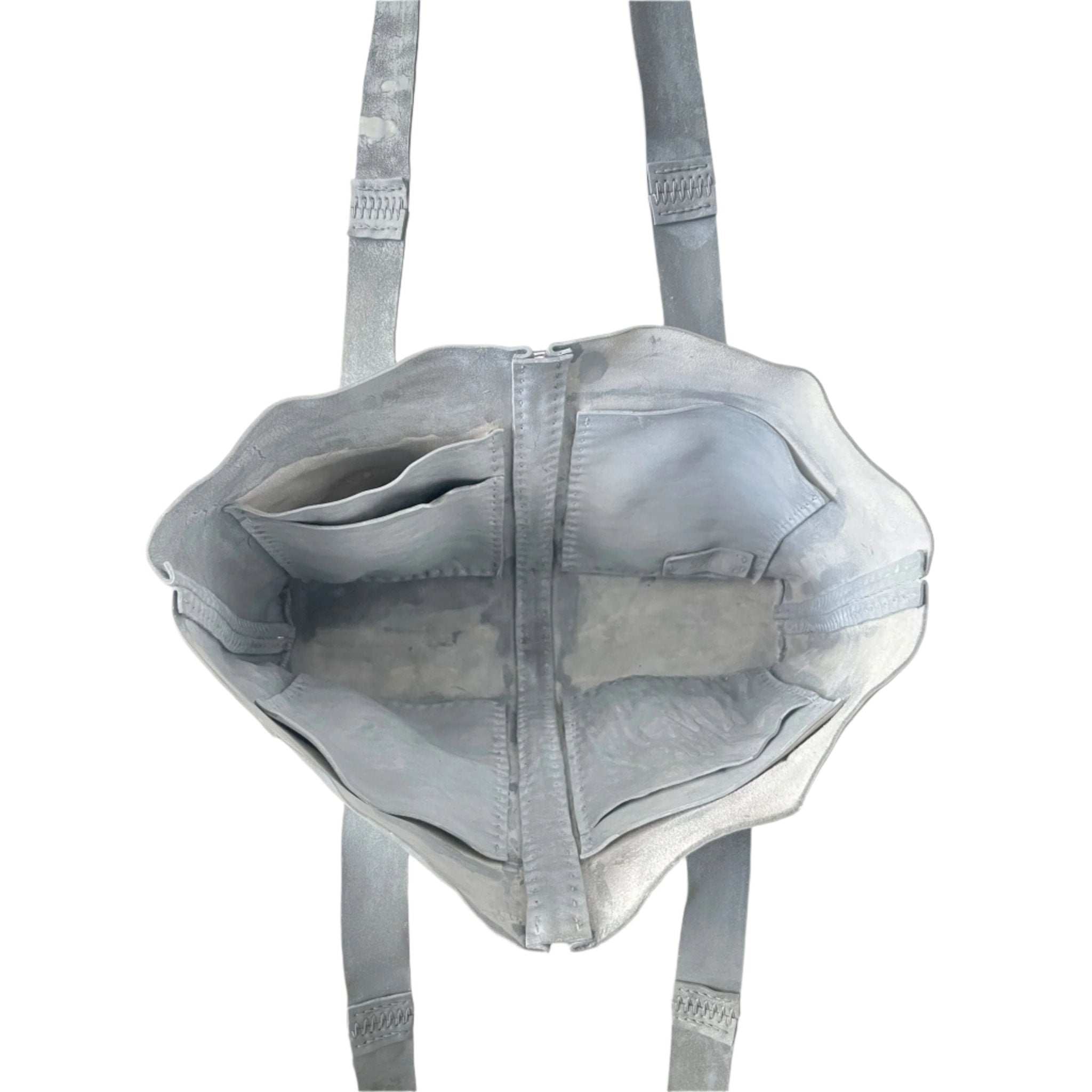 object dyed light grey horse culatta leather city shopper bag entirely hand stitched with an open seam construction and multiple interior pockets from uk based leather studio atelier skn.