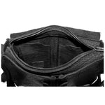 medium sized hand stitched washed horse culatta leather shoulder bag with an object dyed matte black finish. the bag features an open seam construction with a flap closure, riri zipper fastening and hand forged iron and silver hardware. the black leather bag is finished with an adjustable leather strap and is available to buy online from avant garde leather studio atelierskn.com.