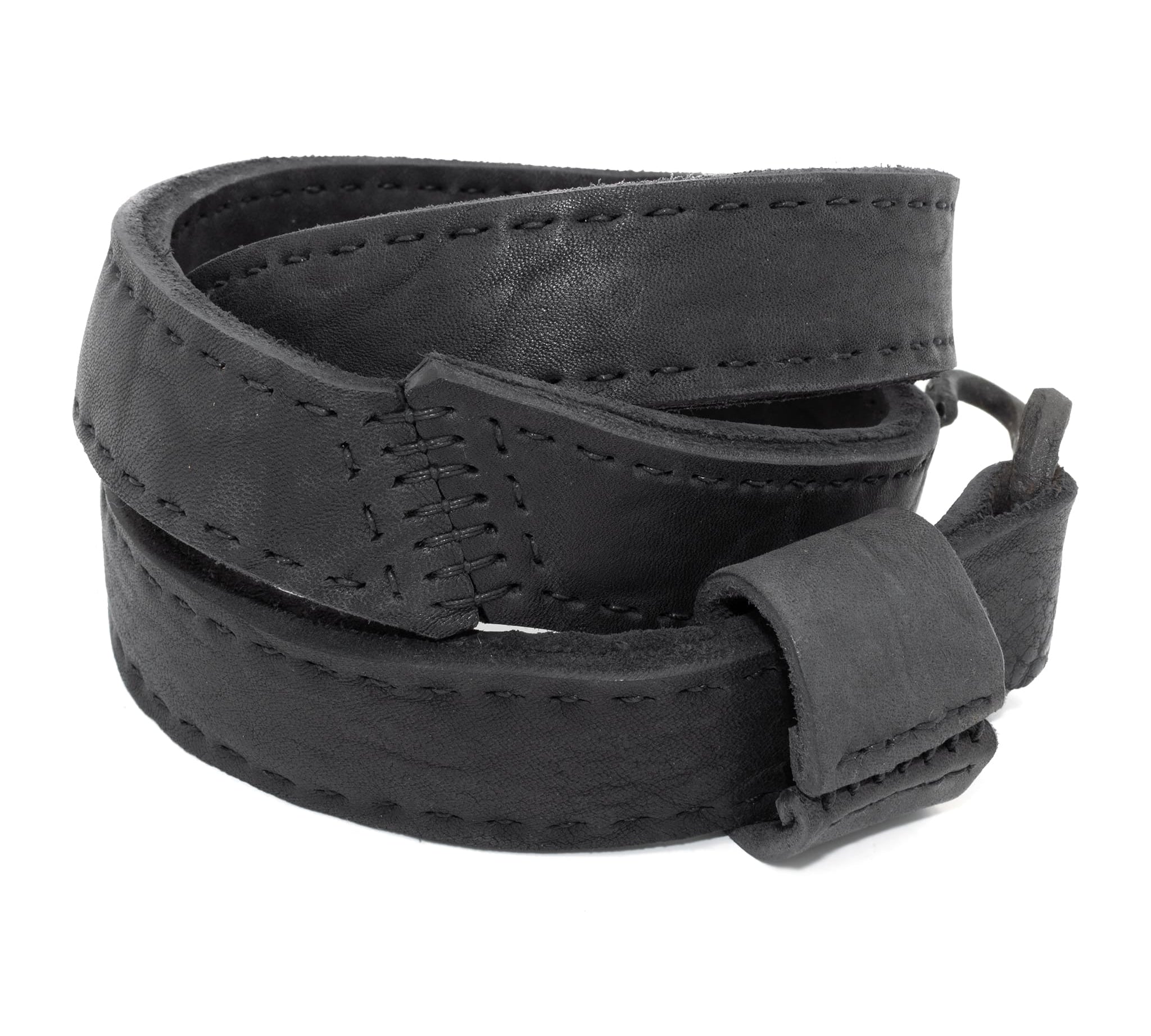 avant garde hand stitched horse culatta leather hook belt, with an iron dye finish. the belt features a minimal deconstructed silhouette with tonal japanese linen stitching and hand forged iron hook fastening. available to buy online from artisanal designer atelierskn.com 