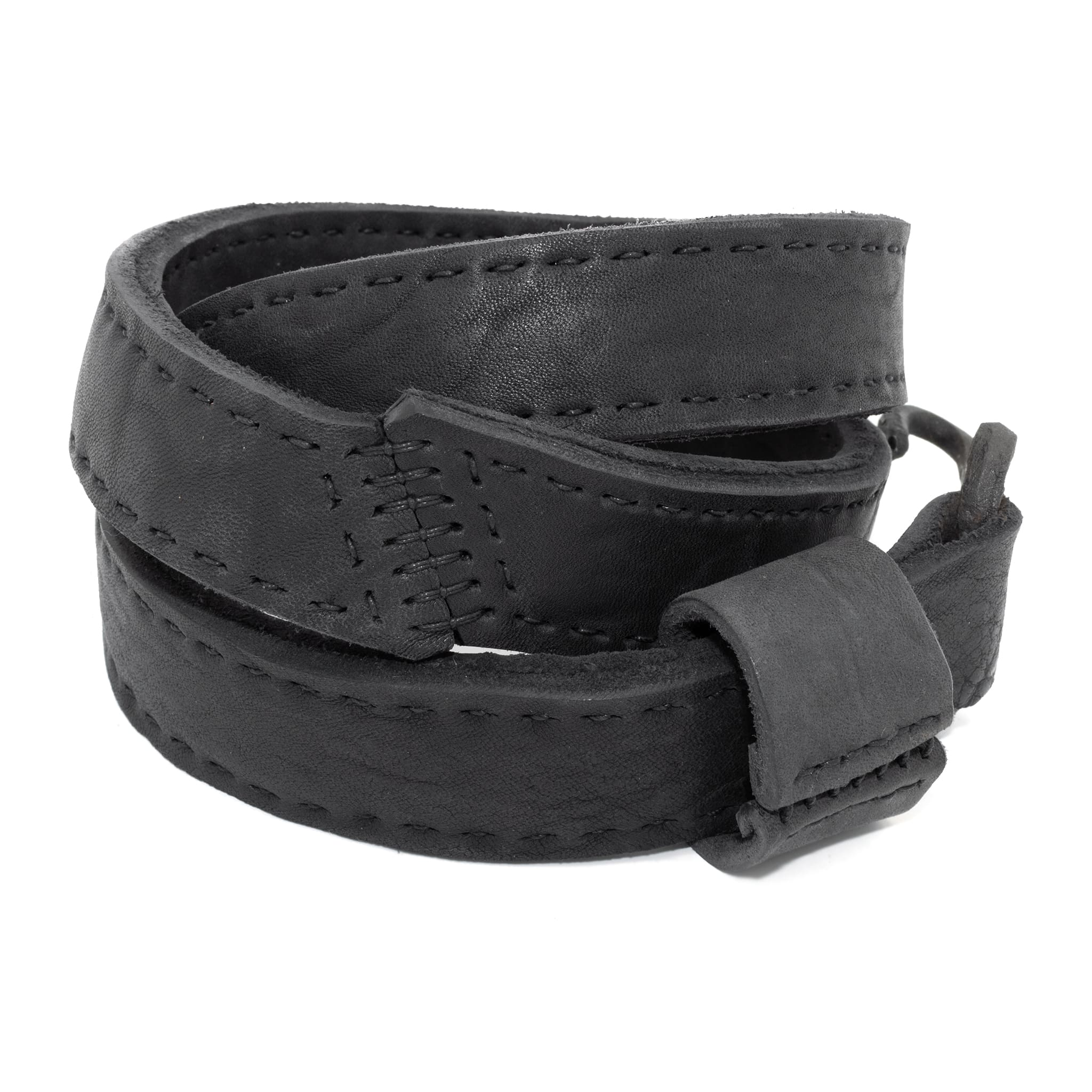 avant garde hand stitched horse culatta leather hook belt, with an iron dye finish. the belt features a minimal deconstructed silhouette with tonal japanese linen stitching and hand forged iron hook fastening. available to buy online from artisanal designer atelierskn.com 