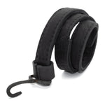 avant garde hand stitched horse culatta leather hook belt, with an iron dye finish. the belt features a minimal deconstructed silhouette with tonal japanese linen stitching and hand forged iron hook fastening. available to buy online from artisanal designer atelierskn.com 