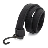 avant garde hand stitched horse culatta leather hook belt, with an iron dye finish. the belt features a minimal deconstructed silhouette with tonal japanese linen stitching and hand forged iron hook fastening. available to buy online from artisanal designer atelierskn.com 