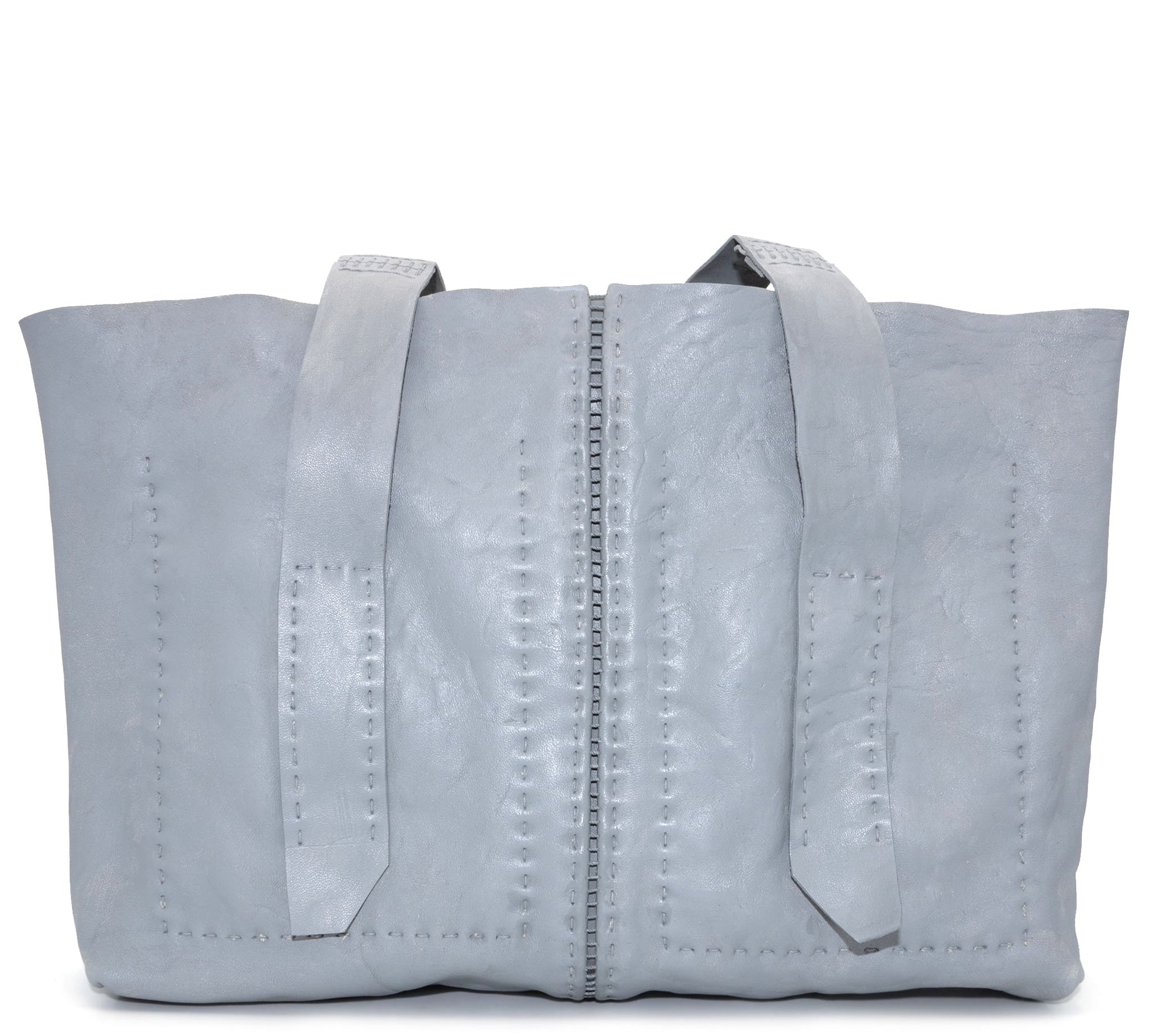 object dyed light grey horse culatta leather city shopper bag entirely hand stitched with an open seam construction and multiple interior pockets from uk based leather studio atelier skn.