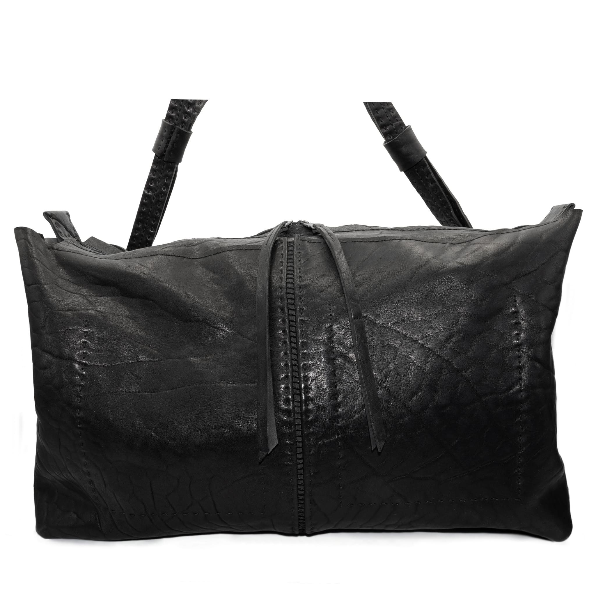 hand stitched washed horse culatta leather bag with a matte black finish. the bag features an open seam construction, riri zipper closure and hand forged iron and silver hardware available to buy online from artisanal leather studio atelierskn.com.