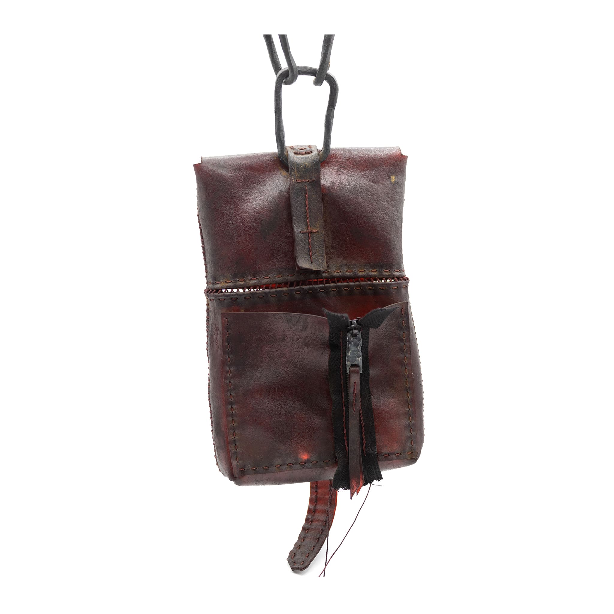 small transparent red horse leather open seam cross body bag with a forged-iron chain link strap and .925 sterling silver zipper pocket on the back, completely handmade in the UK by atelier SKN