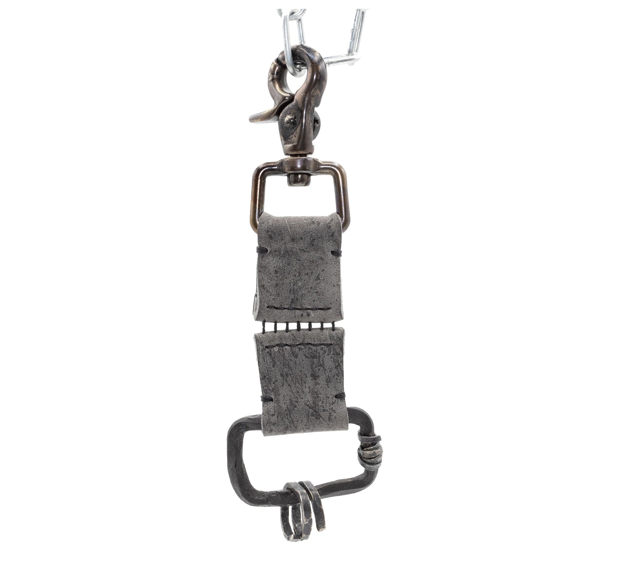 the hand sewn kudu leather keychain features a soft grey dye treatment and a distressed lobster swivel clip. a hand forged black iron ring holds the oxidised .925 silver key ring. Buy online from avant garde leather studio atelier skn.