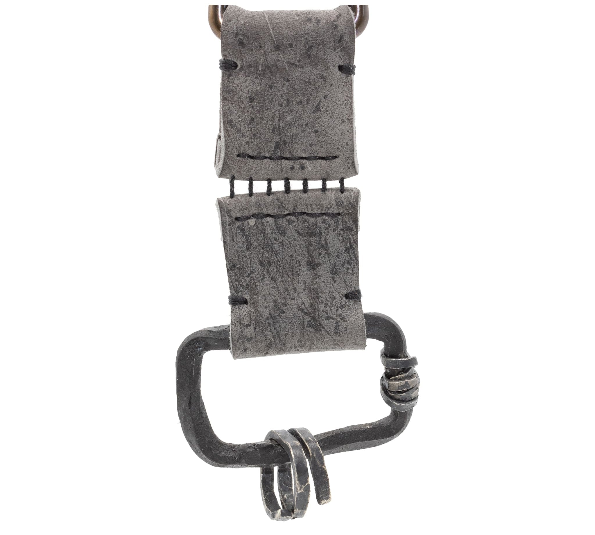 the hand sewn kudu leather keychain features a soft grey dye treatment and a distressed lobster swivel clip. a hand forged black iron ring holds the oxidised .925 silver key ring. Buy online from avant garde leather studio atelier skn.