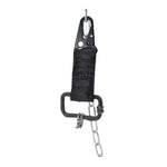 the hand sewn ostrich leather keychain features a flat matte black dye treatment and a distressed military sling clip. a hand forged black iron ring holds the oxidised .925 silver key ring. Buy online from avant garde leather studio atelier skn.