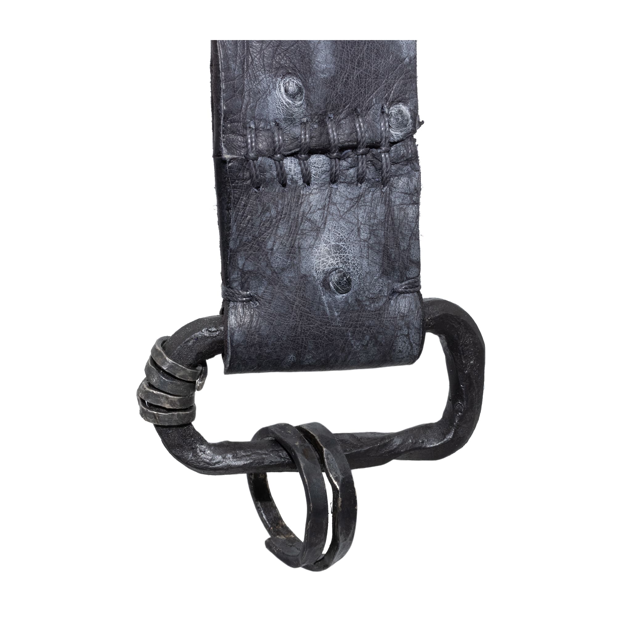 ostrich leather utility keychain with hand forged iron hardware and slow oxidised .925 sterling silver details, completely handmade in the UK by atelier SKN