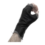 hand stitched over a 35hr period the washed kangaroo leather gloves feature deconstructed open seam panels, and an object dyed raw silk floating lining. the gloves are available to buy online from avant garde leather studio atelierskn.com