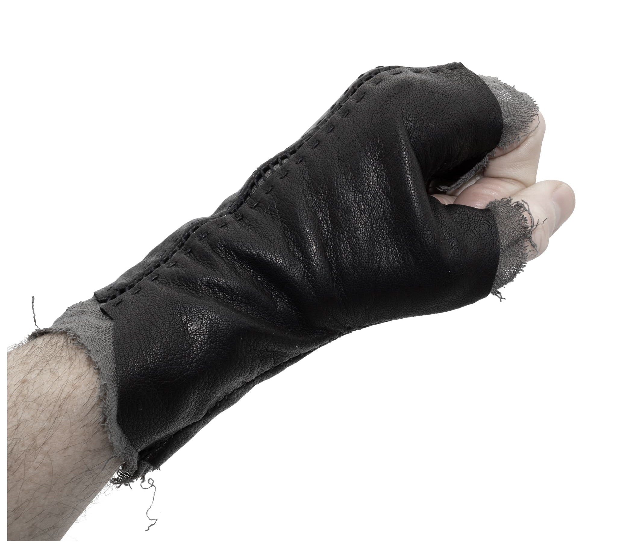 hand stitched over a 35hr period the washed kangaroo leather gloves feature deconstructed open seam panels, and an object dyed raw silk floating lining. the gloves are available to buy online from avant garde leather studio atelierskn.com