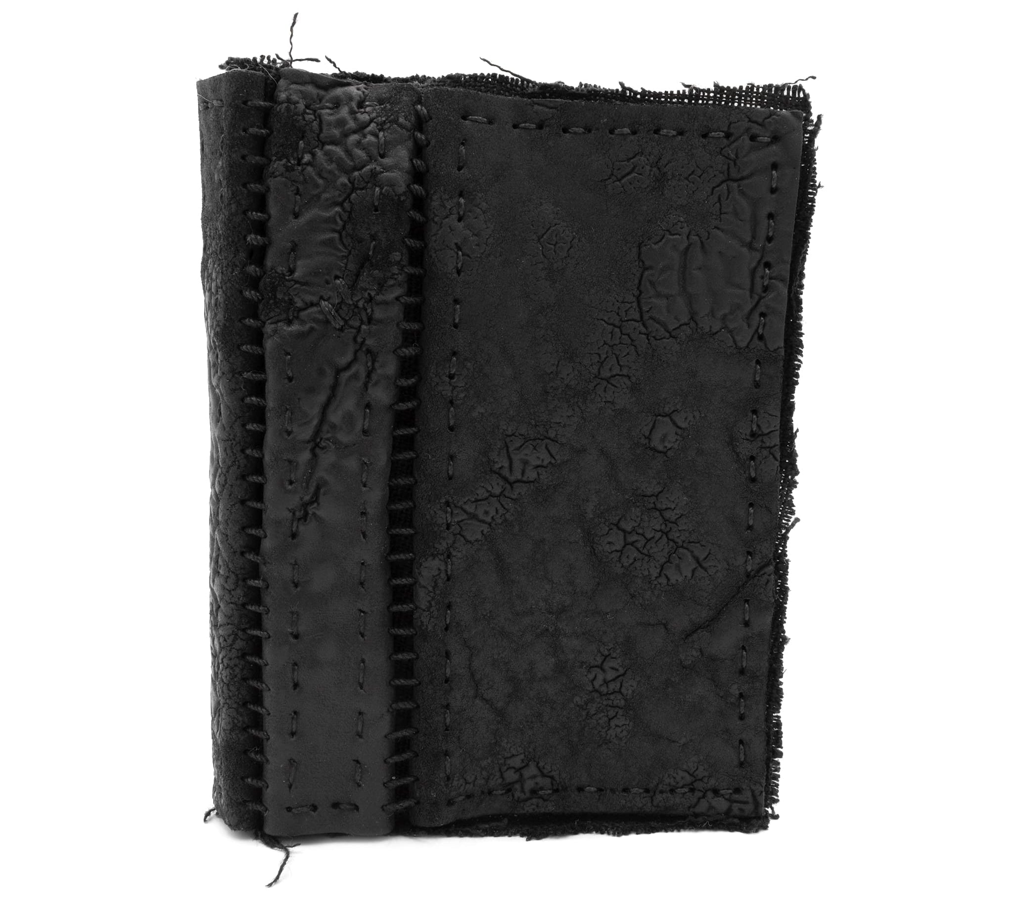 object dyed matte black reverse horse culatta leather cardholder, hand stitched over an 18 hour period without the use of machines. the leather bifold card case features multiple card slots, and a french linen lining. an open seam construction is hand stitched in a japanese linen thread. the wallet is available to buy online from avant garde leather studio atelierskn.com