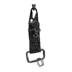 hand stitched and hand dyed reverse horse culatta leather keychain adorned with hand forged iron and .925 sterling silver hardware. a distressed military clip and overlock stitching finish off the keychain. available online from artisanal leather studio atelier skn.