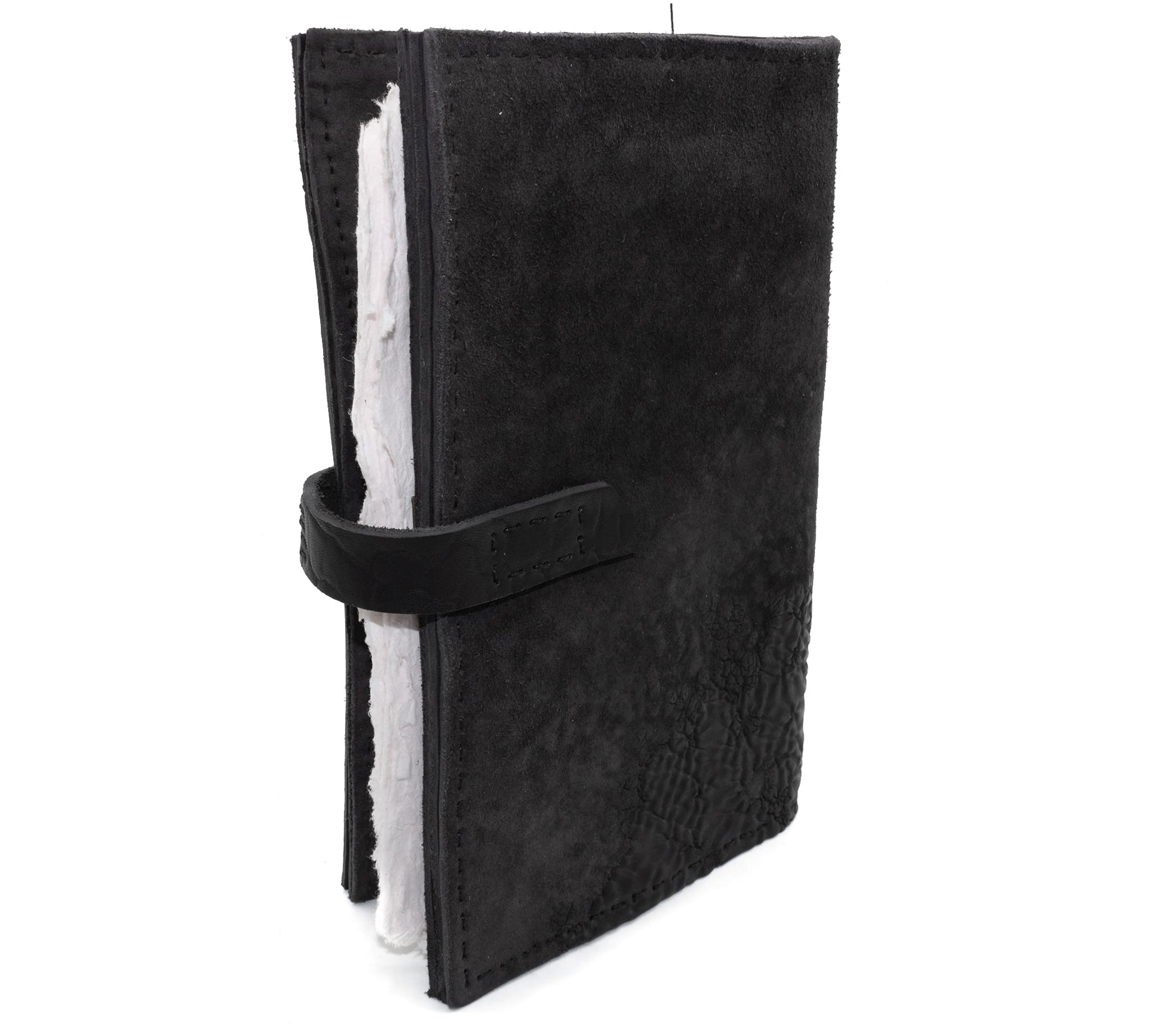 Hand stitched object dyed grey reverse horse culatta leather journal cover with a hand forged solid burnt bronze nail closure, interior pockets and multiple pages of 150gsm handmade cotton rag paper. available to buy online from artisanal uk based leather studio atelier skn.