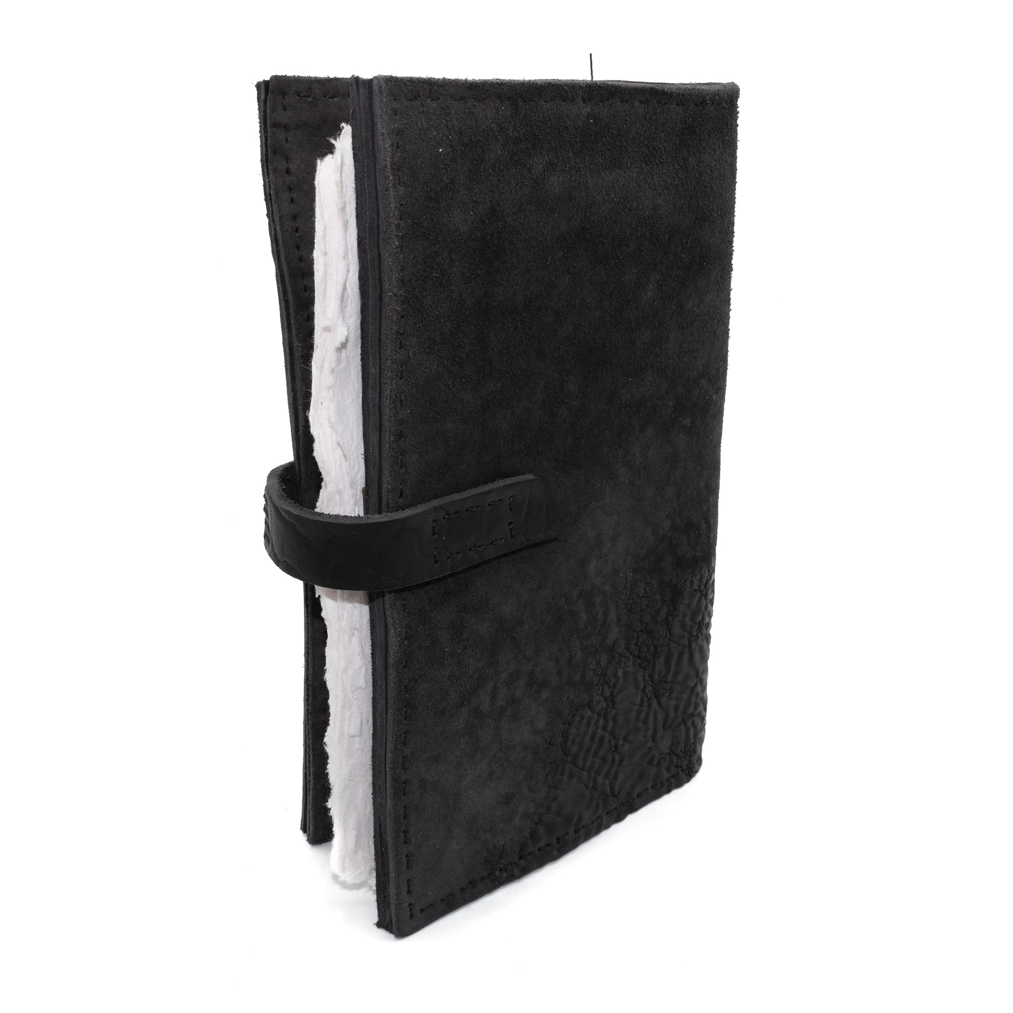 Hand stitched object dyed grey reverse horse culatta leather journal cover with a hand forged solid burnt bronze nail closure, interior pockets and multiple pages of 150gsm handmade cotton rag paper. available to buy online from artisanal uk based leather studio atelier skn.
