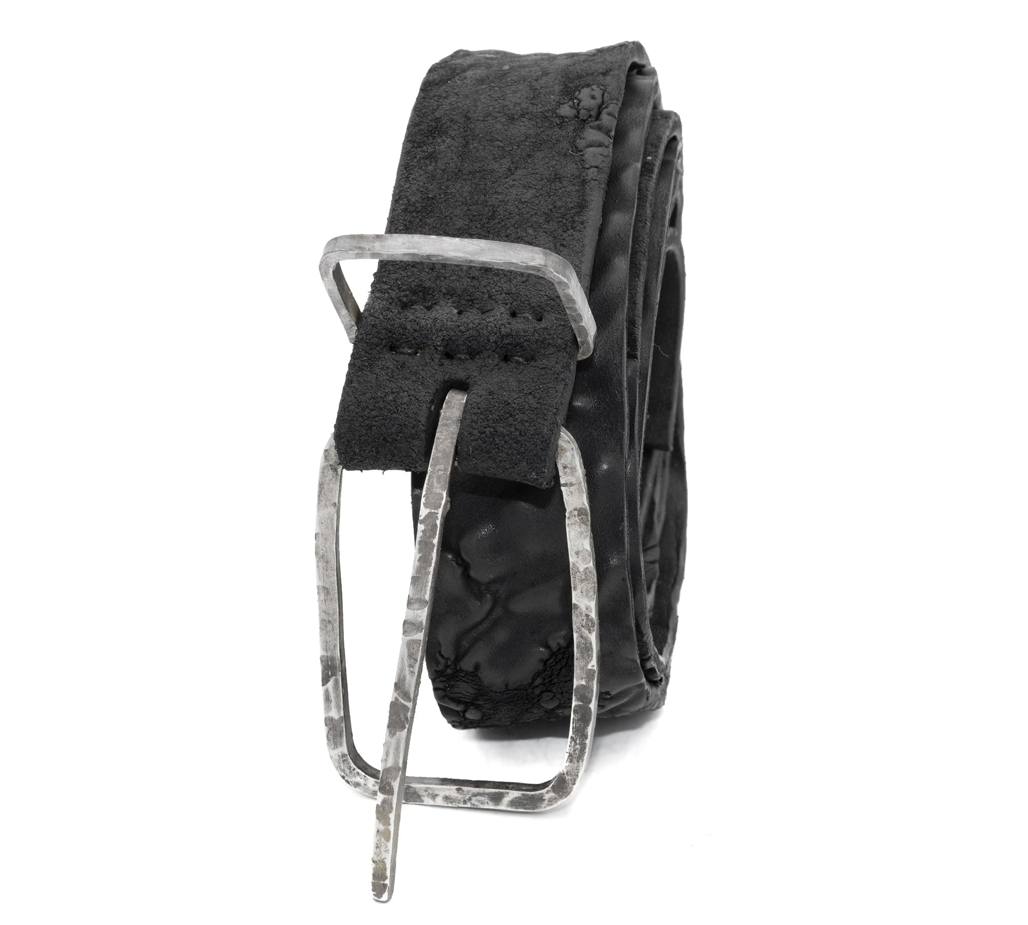 single layered object dyed matte black full grain reverse horse culatta leather belt with a hand forged oxidised .925 sterling silver buckle, expertly hand sewn by independent UK based artisanal designer atelier SKN.