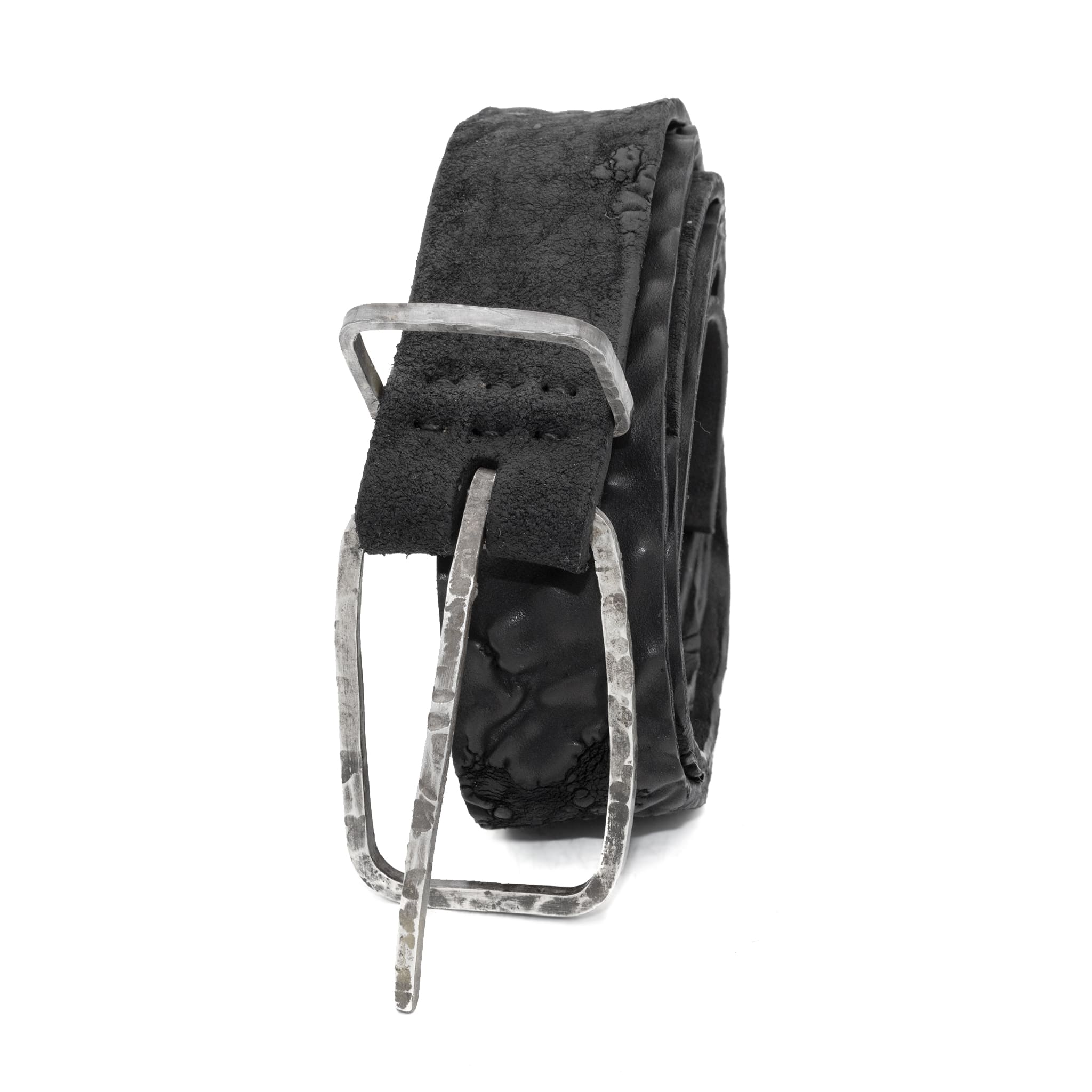 single layered object dyed matte black full grain reverse horse culatta leather belt with a hand forged oxidised .925 sterling silver buckle, expertly hand sewn by independent UK based artisanal designer atelier SKN.