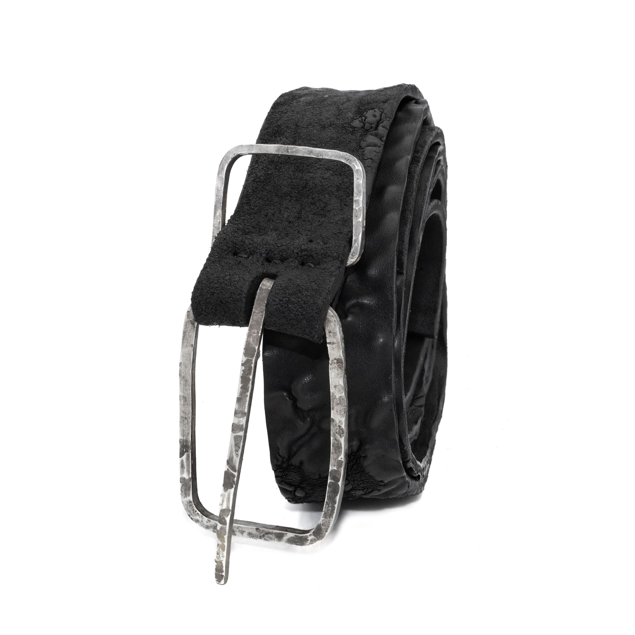single layered object dyed matte black full grain reverse horse culatta leather belt with a hand forged oxidised .925 sterling silver buckle, expertly hand sewn by independent UK based artisanal designer atelier SKN.