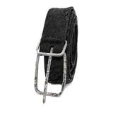 single layered object dyed matte black full grain reverse horse culatta leather belt with a hand forged oxidised .925 sterling silver buckle, expertly hand sewn by independent UK based artisanal designer atelier SKN.