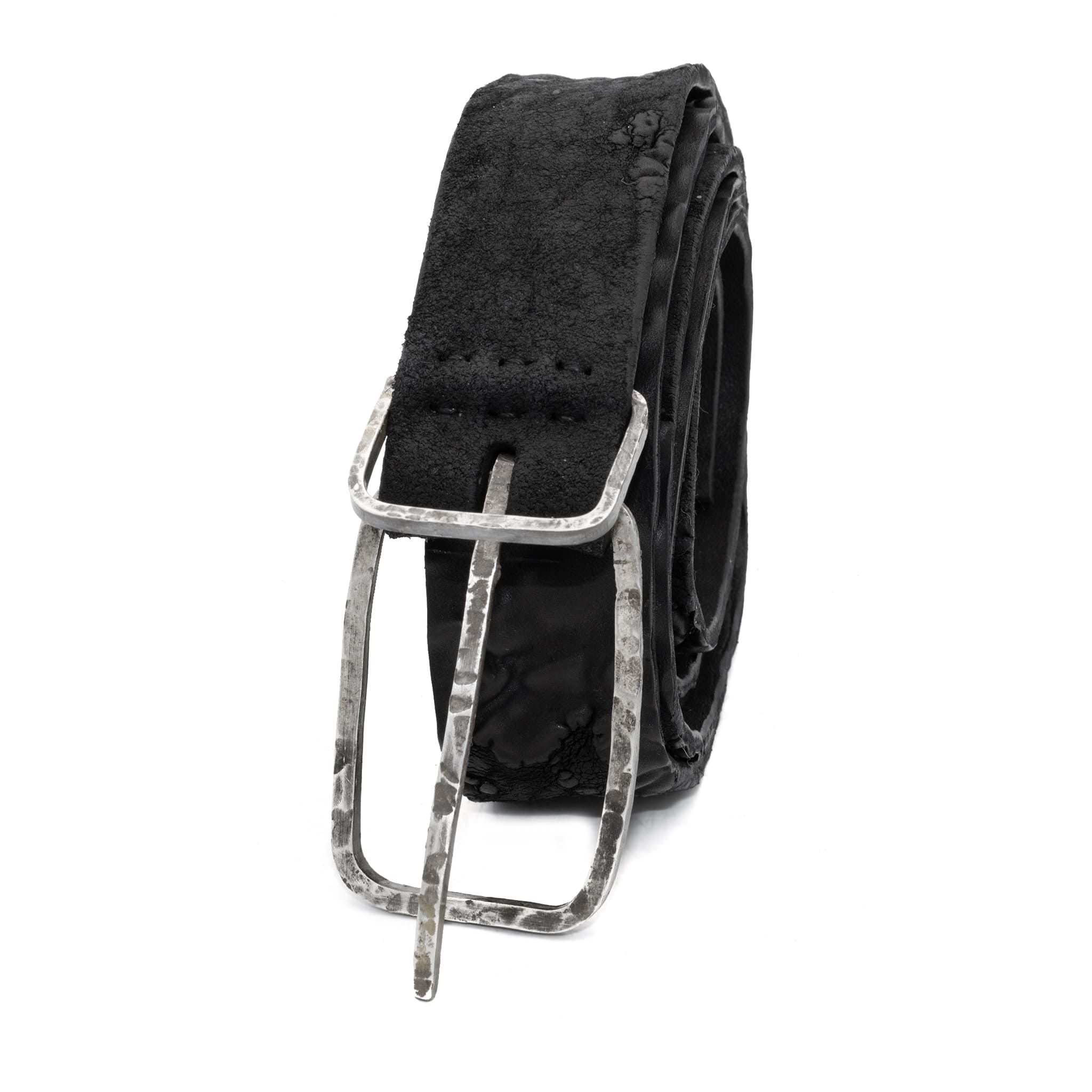 single layered object dyed matte black full grain reverse horse culatta leather belt with a hand forged oxidised .925 sterling silver buckle, expertly hand sewn by independent UK based artisanal designer atelier SKN.