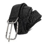 single layered object dyed matte black full grain reverse horse culatta leather belt with a hand forged oxidised .925 sterling silver buckle, expertly hand sewn by independent UK based artisanal designer atelier SKN.