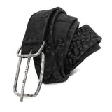 single layered object dyed matte black full grain reverse horse culatta leather belt with a hand forged oxidised .925 sterling silver buckle, expertly hand sewn by independent UK based artisanal designer atelier SKN.