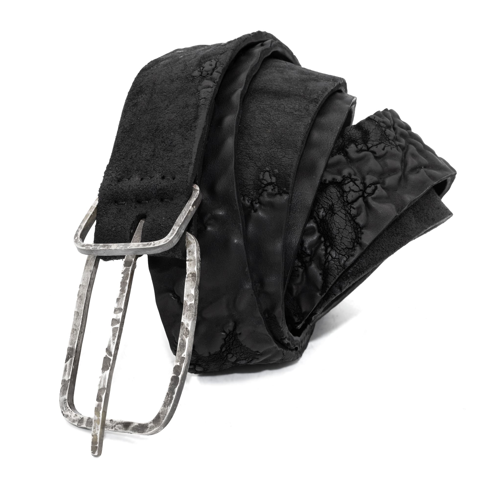 single layered object dyed matte black full grain reverse horse culatta leather belt with a hand forged oxidised .925 sterling silver buckle, expertly hand sewn by independent UK based artisanal designer atelier SKN.