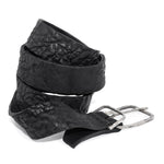 single layered object dyed matte black full grain reverse horse culatta leather belt with a hand forged oxidised .925 sterling silver buckle, expertly hand sewn by independent UK based artisanal designer atelier SKN.