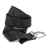 single layered object dyed matte black full grain reverse horse culatta leather belt with a hand forged oxidised .925 sterling silver buckle, expertly hand sewn by independent UK based artisanal designer atelier SKN.
