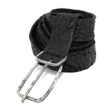 single layered object dyed matte black full grain reverse horse culatta leather belt with a hand forged oxidised .925 sterling silver buckle, expertly hand sewn by independent UK based artisanal designer atelier SKN.