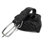 single layered object dyed matte black full grain reverse horse culatta leather belt with a hand forged oxidised .925 sterling silver buckle, expertly hand sewn by independent UK based artisanal designer atelier SKN.