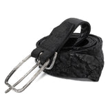 single layered object dyed matte black full grain reverse horse culatta leather belt with a hand forged oxidised .925 sterling silver buckle, expertly hand sewn by independent UK based artisanal designer atelier SKN.